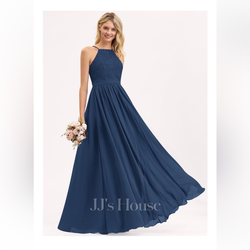 JJs House A-line Square Floor-Length Lace Chiffon Dress in Navy Blue, size 6